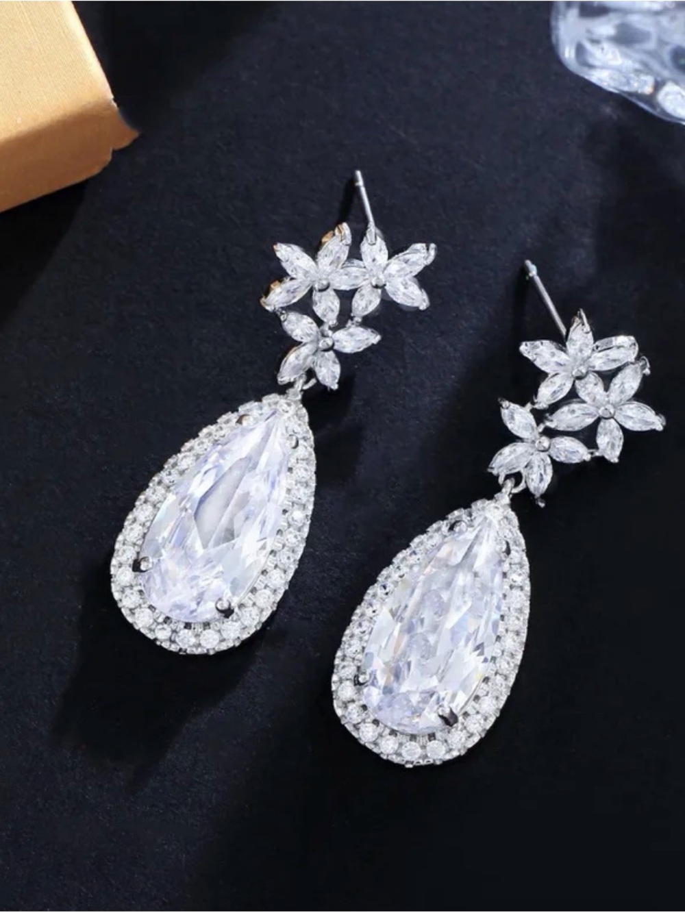 Crystal Teardrop Floral Dangle Earrings NWT Rhodium Plated